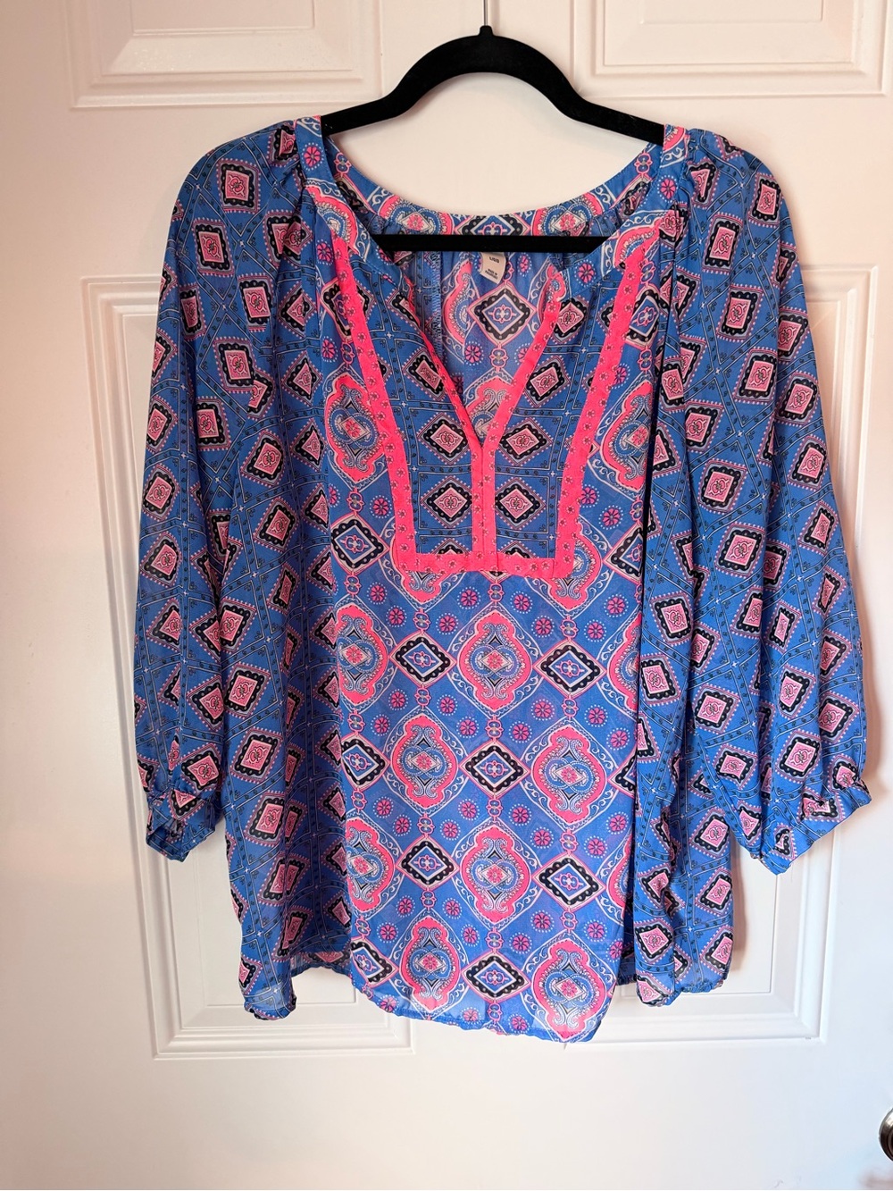 Old Navy Blue and Pink Printed Peasant Blouse
